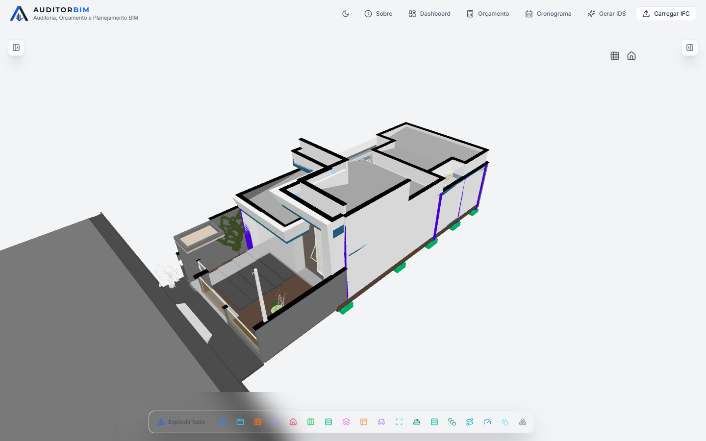 Residência aberta no visualizador com arquitetura, estrutural e hidráulica sobrepostas