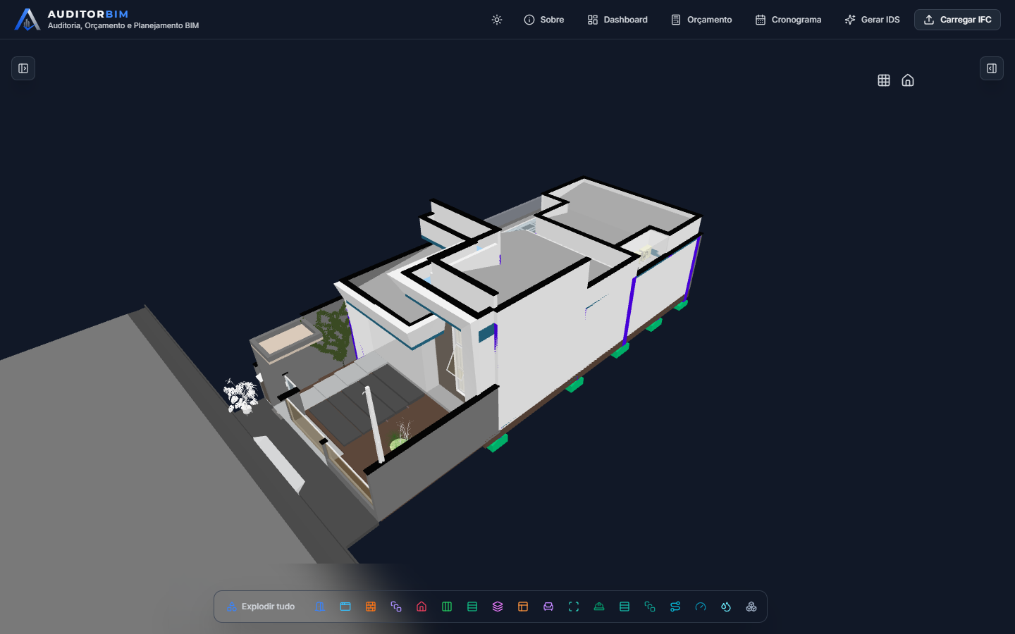 Residência aberta no visualizador com arquitetura, estrutural e hidráulica sobrepostas